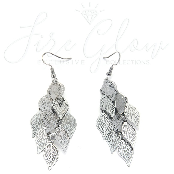 Boho Chic Palladium Tone Filigree Leaf Earrings - Picture 2 of 8